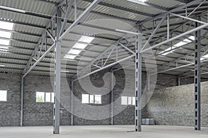 Empty warehouse. Brick walls, windows in the walls and ceiling. Modern interior of a warehouse, factory