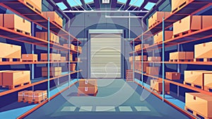 In an empty warehouse, cardboard boxes are placed on metal racks. A storage area is highlighted with shelves and wooden