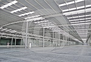 Empty warehouse with human figures