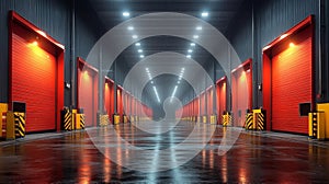 Empty Warehouse with Red Roller Shutter Doors in Evening Light photo