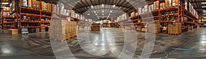 Empty warehouse with shelves full of boxes