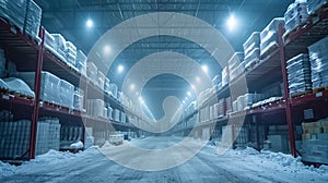 Empty warehouse with snow-covered floor and shelves stocked with wrapped products