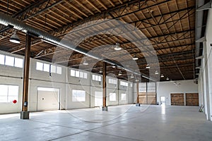 Empty warehouse with exposed wood ceiling photo
