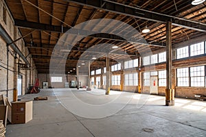 Empty warehouse with exposed wood ceiling photo