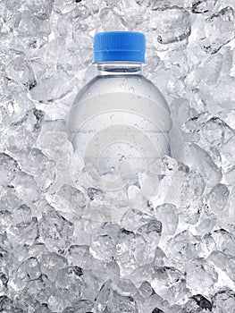 Empty water bottle, ice cubes background