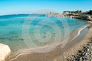 Empty waterfront with sandy beach in Cyprus