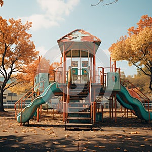 empty weathered old-style playground, with a fading slide,a park in autumn with leaves on the floor, generative ai