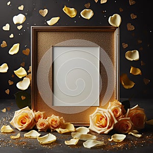 empty wedding picture frame mockup with yellow rose petals decoration ai generated