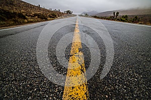 Empty wet desert asphalt pavement road with yellow highway marking lines