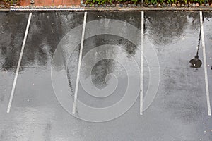 Empty wet parking lot in rain