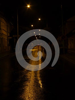 Empty wet road at night illuminated by street lamps