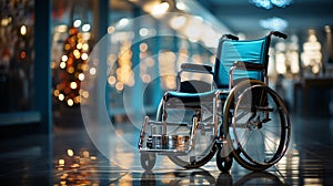 Empty wheelchair with the blurred background in the hospital. AI Generated