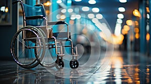 Empty wheelchair with the blurred background in the hospital. AI Generated