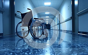 An empty wheelchair in the hospital corridor, with a blue tone and clean background