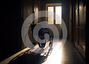 Empty wheelchair parked in the dark room and light at the end of the corridor