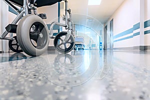 Empty Wheelchair Parked in Hospital Hallway