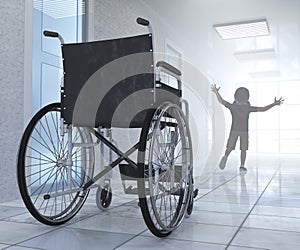 Empty wheelchair parked in hospital hallway with child figure