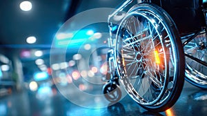 Empty wheelchair standing in a brightly lit hospital corridor with glowing reflections