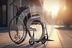 Empty wheelchair on sunny sidewalk.