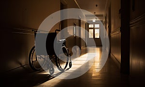 An Empty Wheelchair Waiting Patiently Outside a Closed Door. A wheelchair sitting in a hallway next to a door