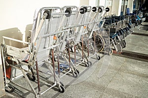 Empty wheelchairs parked in hospital