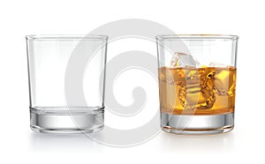 Empty Whiskey glass and Whiskey glass with whiskey and ice cubes isolated on white background