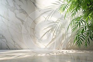 Empty white abstract table - platform with empty space for product placement and design solutions, blank illuminated white