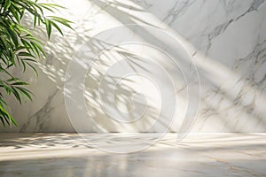 Empty white abstract table - platform with empty space for product placement and design solutions, blank illuminated white