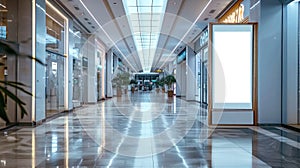 Empty White Advertising Board Space in Public Mall or Business Center for Mockup Sign with Copy Area