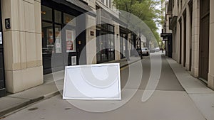 Empty White Billboard Fallen Over On Sidewalk In Urban Setting With Buildings And Leafy Trees