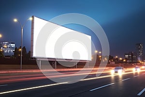 white billboard for your advertising stands in near the road at night