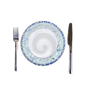 Empty plate, fork and knife - isolated over white background