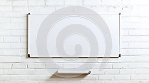 Empty white board mounted on a white brick wall