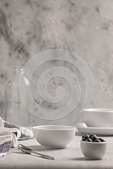 Empty white bowl on a light background. Blank space for text, recipe, insert