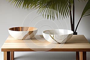 Empty white bowl, white plates, on beige table. Modern kitchen interior, generative ai