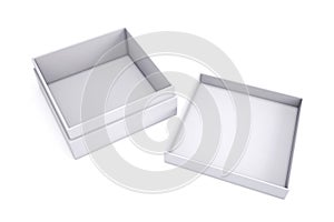 Empty white box with the adjacent cap on a white background. 3d