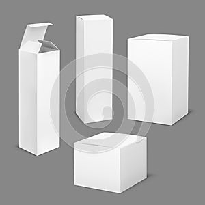 Empty white box. Cardboard cosmetic boxes rectangular blank package with shadows medicine product vertical packaging