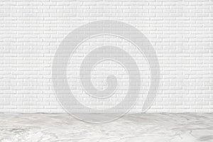 Empty white brick wall and concrete floor for background. room interior with white brick wall blank cement floor for backdrop