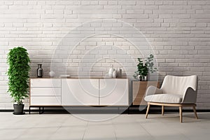 Empty white brick wall in contemporary living room mock up template