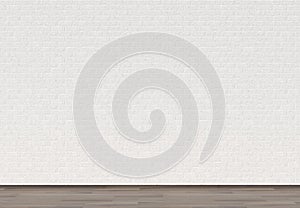 Empty white brick wall with wooden floor. 3D illustrating.