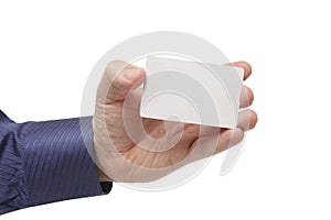 Empty white business cards in a man's hand