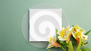 Empty white canvas with yellow flower bouquet on green background