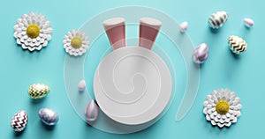 Empty white circle in the ears of a rabbit, Easter eggs, chamomile flowers. Blue background, 3d