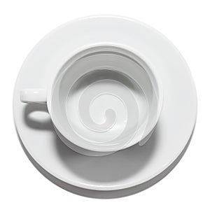 Empty white coffee cup with saucer or plate on white background. View from above