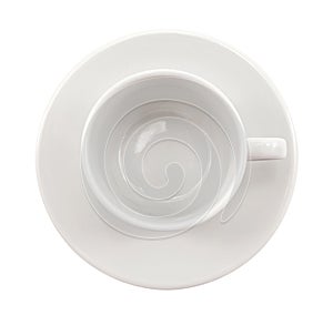 Empty white coffee cup with saucer or plate on white background. View from above