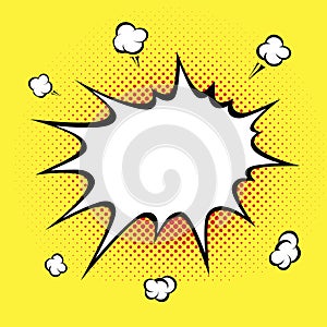 Empty white comic boom effect on yellow background. Explosion speech bubble burst. Pop art style. Vector illustration