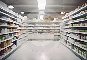 Empty white counter with pharmacy drugstore shelves blurred background stock photoPharmacy, Backgrounds, Table, Checkout,