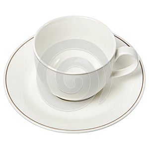 Empty white cup on plate isolated