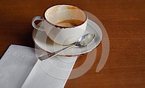 Empty white cup with saucer and small spoon with coffee leftovers on the table