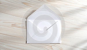 Empty White Envelope on Light Wooden Surface